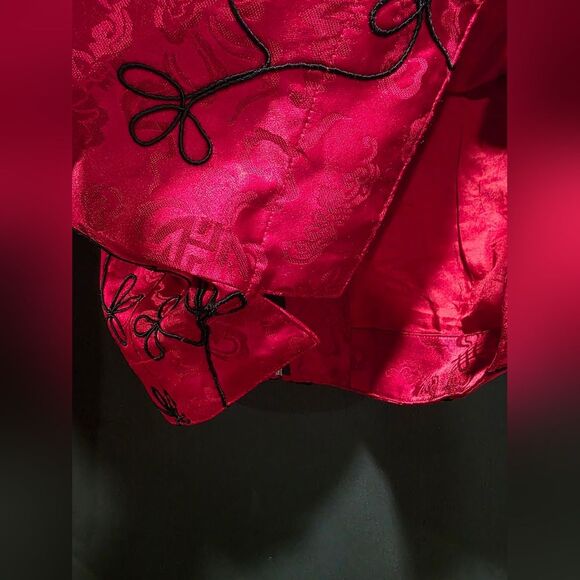 Silk Red Black Enbroidered Jacket Womens Full Zip Asian Inspired Chicos 0 Vtg - Picture 7 of 9